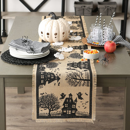 Chemin de table DII Halloween style primitif en toile de jute, maison hantée effrayante, 36 x 287 cm, noir et beige