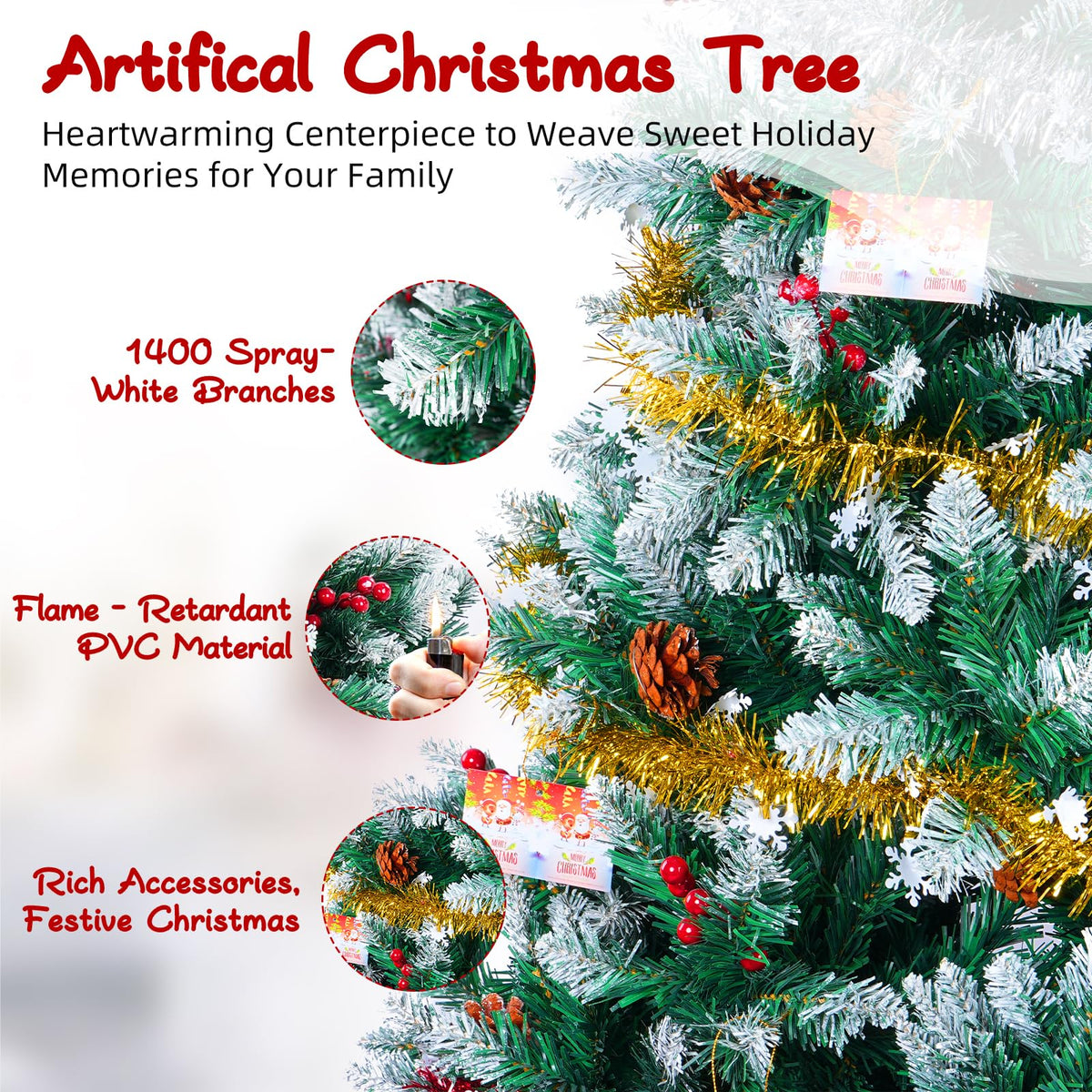 Artificial Christmas Tree, 6FT Holiday Xmas Tree 1400 Branch Tips, Upgraded Metal Base, Includes 6 Different Decorations 🍁 All In One Marketplace Canada