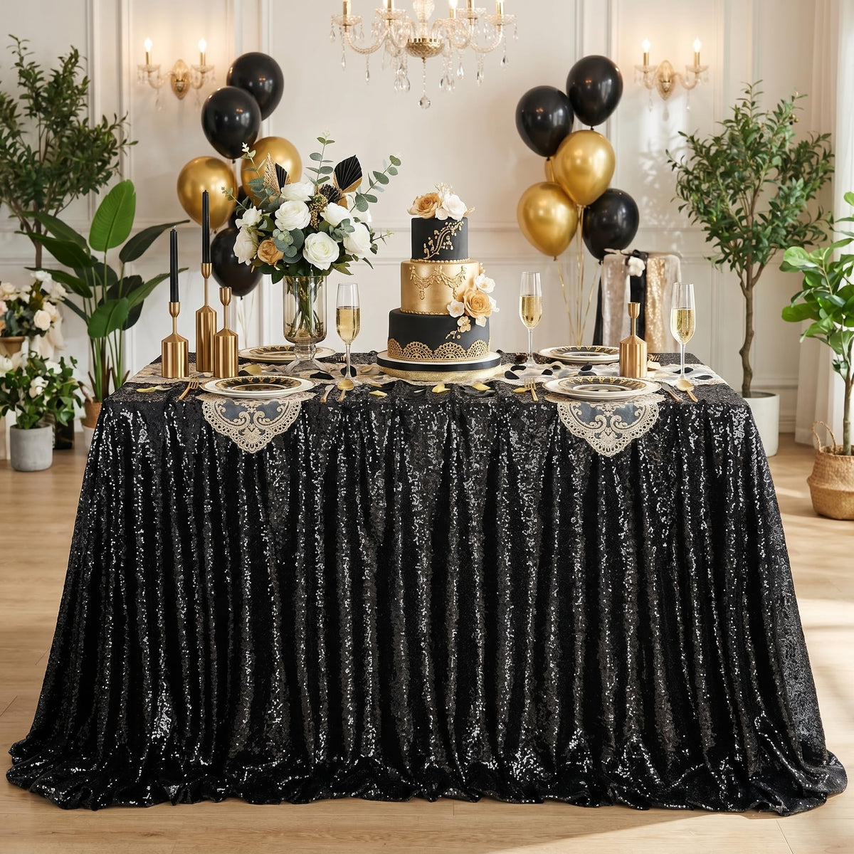Nappe à sequins noirs SoarDream 90x156 pouces rectangulaire pour mariage, anniversaire, fête prénatale, remise de diplôme, décoration de table de fête d'Halloween en intérieur et en extérieur