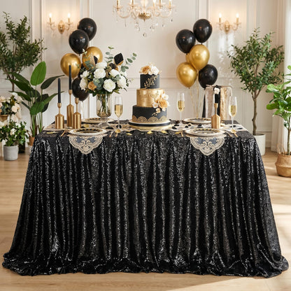 Nappe à sequins noirs SoarDream 90x156 pouces rectangulaire pour mariage, anniversaire, fête prénatale, remise de diplôme, décoration de table de fête d'Halloween en intérieur et en extérieur