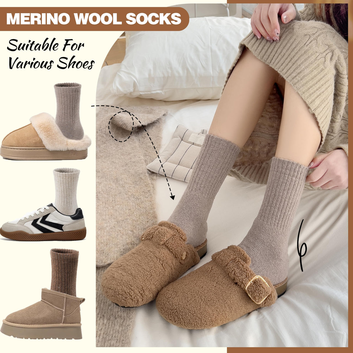 Women Merino Wool Socks Winter Warm Thermal Thick Hiking Cozy Comfy Crew Socks Stocking Stuffers Gifts for Womens 5 Pairs(Black/Khaki/Beige/White) 🍁 All In One Marketplace Canada