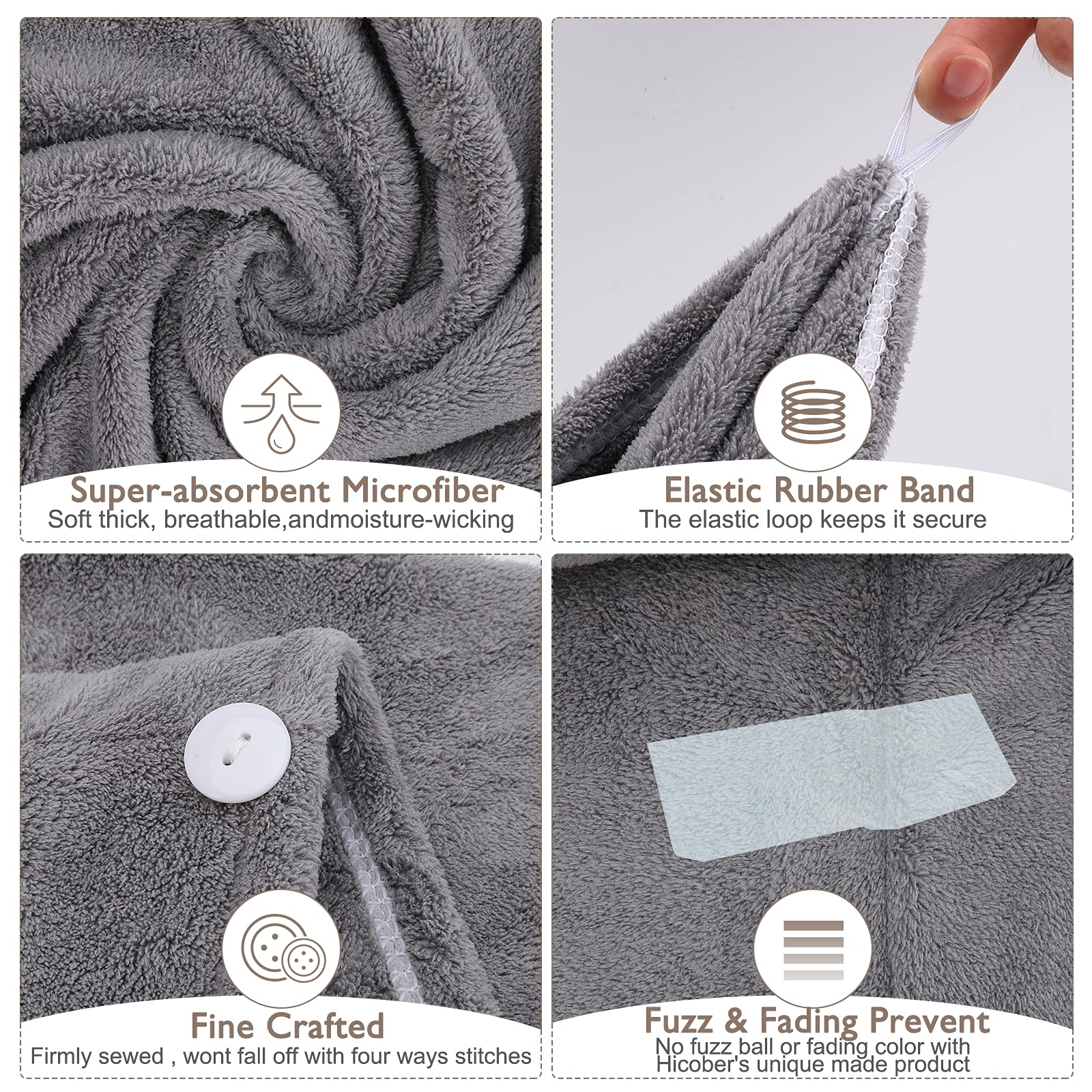 3 Pack Microfiber Hair Towel BEoffer Super Absorbent Hair Wraps for Women Wet Hair, Fast Drying Hair Turban, Hair Caps with Buttons for Drying Curly, Long & Thick Hair Anti Frizz (Gray+Pink+Blue) - Available at All In One Marketplace Canada