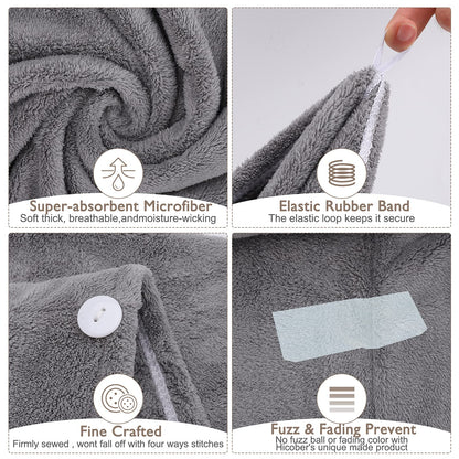 3 Pack Microfiber Hair Towel BEoffer Super Absorbent Hair Wraps for Women Wet Hair, Fast Drying Hair Turban, Hair Caps with Buttons for Drying Curly, Long & Thick Hair Anti Frizz (Gray+Pink+Blue) - Available at All In One Marketplace Canada