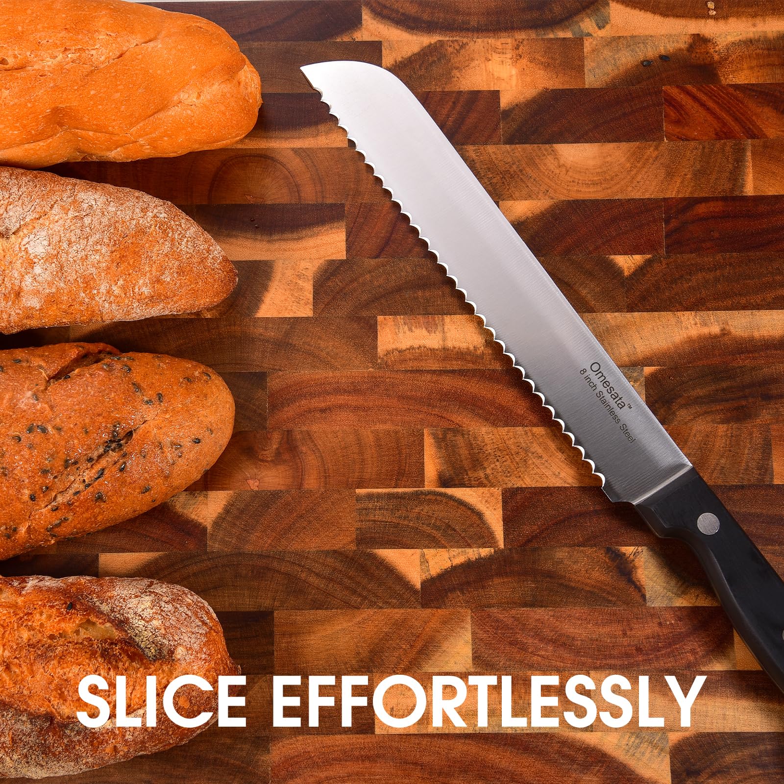 Bread Knife, Serrated 8 inch Bread Knifes for Homemade Bread Sourdough, Blade Razor Sharp and Wavy Edge from Professional Stainless Steel Omesata - Available at All In One Marketplace Canada