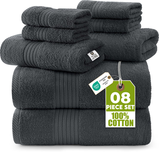 Utopia Towels 8 Piece Premium Towel Set, 2 Bath, 2 Hand, and 4 Washcloths,100% Ring Spun Cotton, Super Soft and Highly Absorbent, Grey