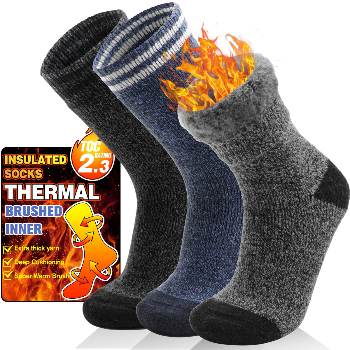 Welwoos Heated Thermal Socks for Men & Women Winter Warm Thick Ski Crew Insulated Boot Socks 3 Pairs Gift Stocking Stuffers for Mens (Grey Black Blue,L) 🍁 All In One Marketplace Canada