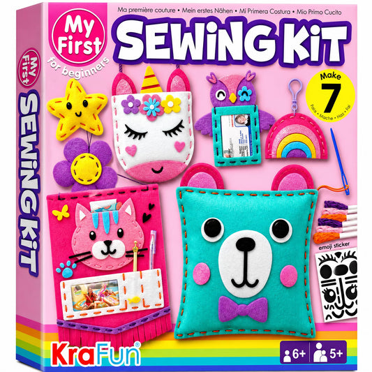 KRAFUN My First Sewing Kit for Kids Age 5+ Beginner Art & Craft, Includes 7 Easy Projects Dolls, Pillows, Bag, Instruction & Plush Felt Materials for Learn to Sew, Embroidery Skills - Available at All In One Marketplace Canada