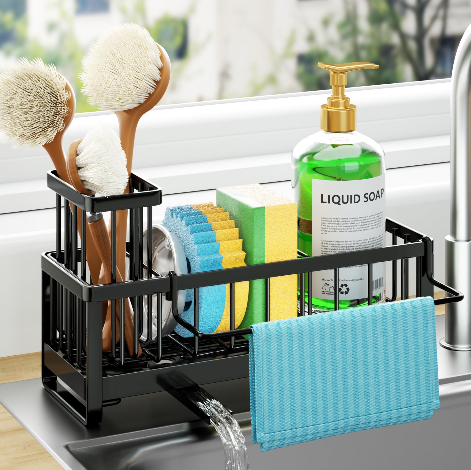 HapiRm Sponge Holder for Kitchen Sink - Self-draining Sink Caddy Organizer with Brush and Dishcloth Holders, Stainless Steel Kitchen Sink Organizers and Storage for Countertop - Available at All In One Marketplace Canada