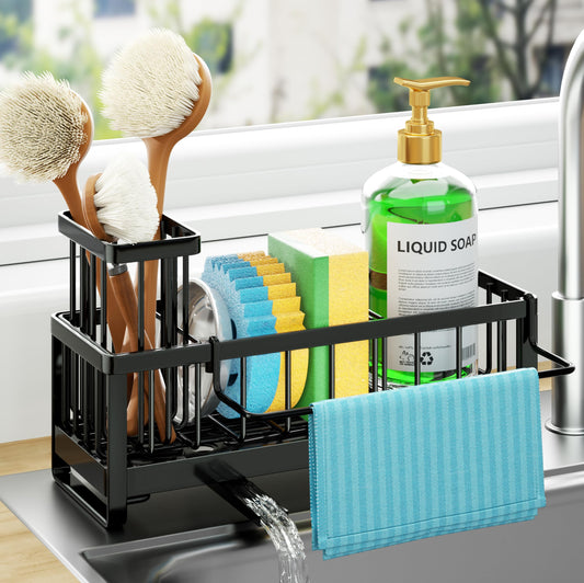 HapiRm Sponge Holder for Kitchen Sink - Self-draining Sink Caddy Organizer with Brush and Dishcloth Holders, Stainless Steel Kitchen Sink Organizers and Storage for Countertop - Available at All In One Marketplace Canada