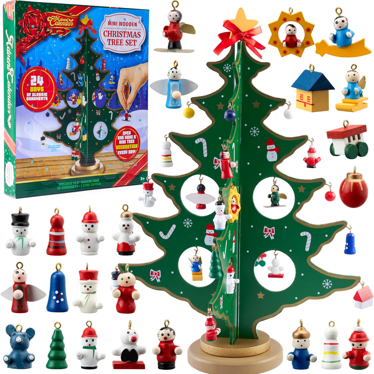 JOYIN Christmas 24 Days Countdown Advent Calendar with a Tabletop Wooden Christmas Tree and 28 Ornaments Snowman Santa Decorations for Boys, Girls and Kids Party Favors, Classroom Prizes, Xmas Gift 🍁 All In One Marketplace Canada