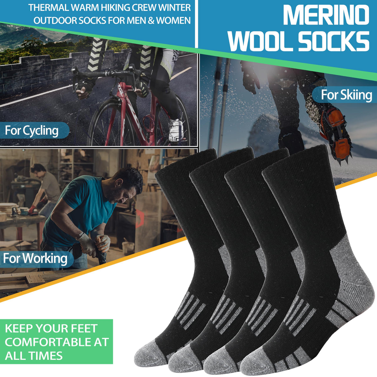 Merino Wool Socks for Men & Women Thermal Warm Winter Hiking Crew Thick Cozy Work Socks Gifts Stocking Stuffes for Mens(Black(4 Pairs)) 🍁 All In One Marketplace Canada