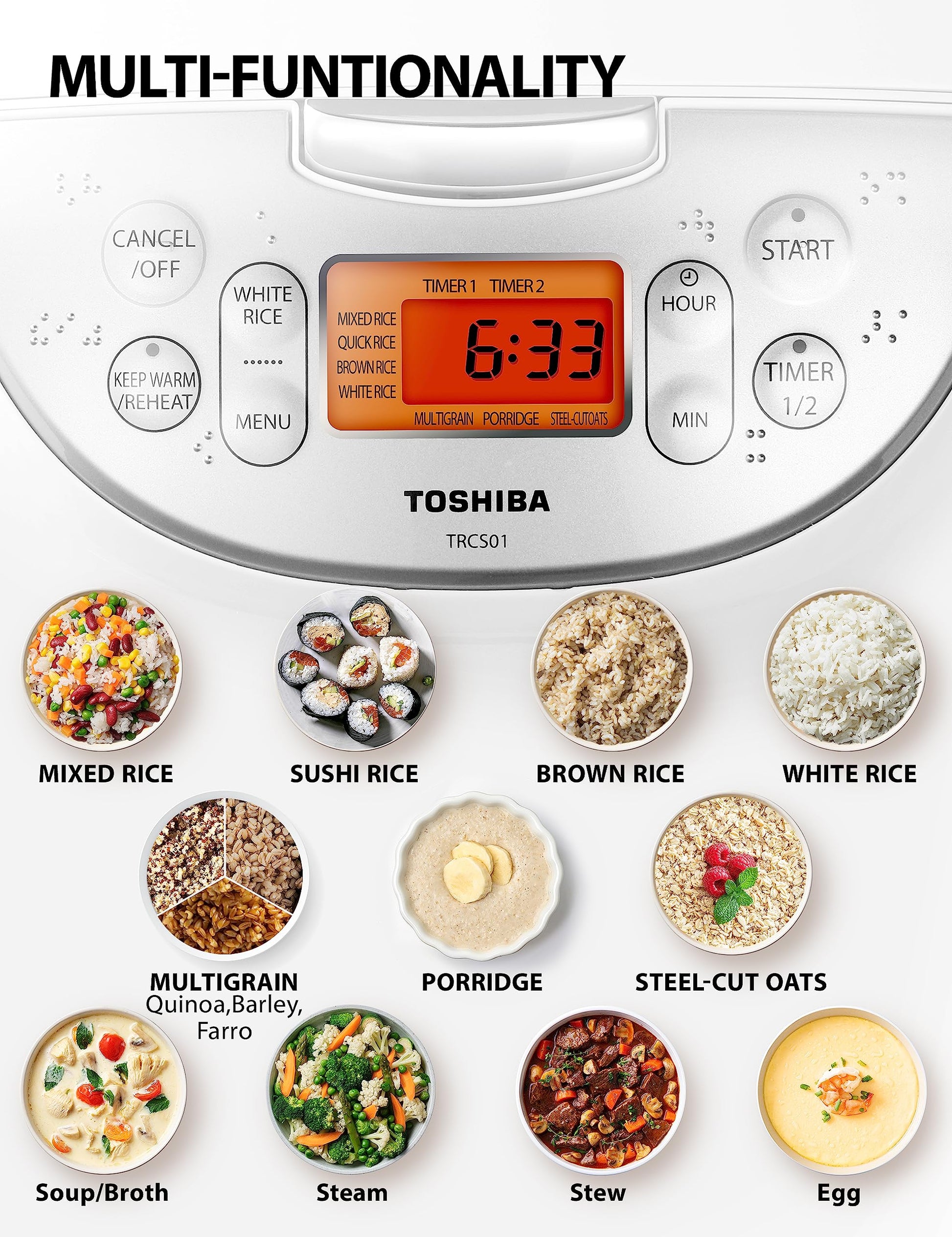 Toshiba Rice Cooker 6 Cup Uncooked – Japanese Rice Cooker with Fuzzy Logic Technology, 7 Cooking Functions, Digital Display, 2 Delay Timers and Auto Keep Warm, Non-Stick Inner Pot, White - Available at All In One Marketplace Canada