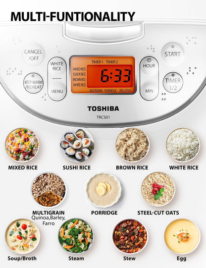 Toshiba Rice Cooker 6 Cup Uncooked – Japanese Rice Cooker with Fuzzy Logic Technology, 7 Cooking Functions, Digital Display, 2 Delay Timers and Auto Keep Warm, Non-Stick Inner Pot, White - Available at All In One Marketplace Canada