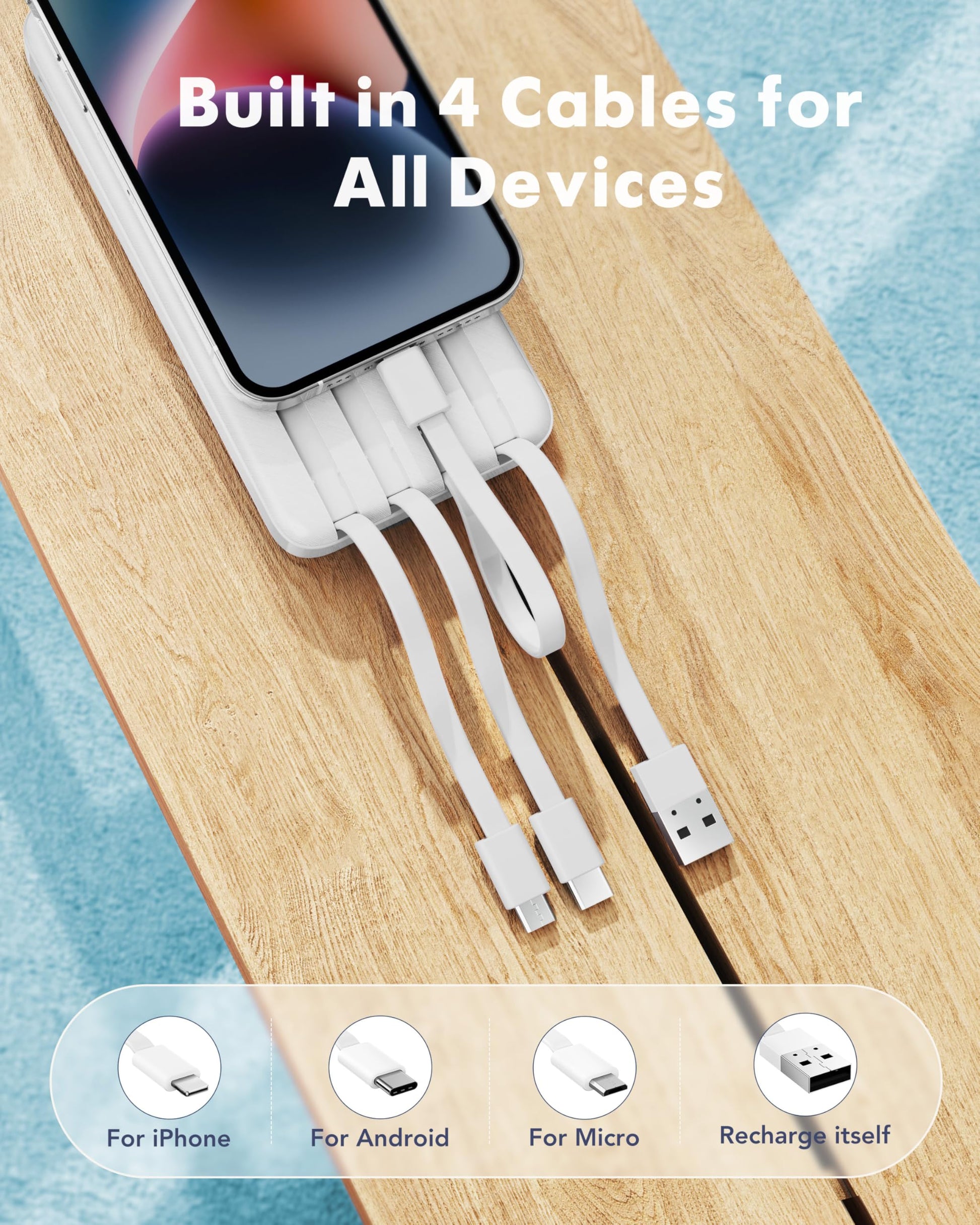 Charmast Portable Charger with Built in Cables, Power Bank with Cords Wires, Slim 10000mAh Travel Battery Pack 6 Outputs 3 Inputs 3A Fast Charging for Samsung Google Pixel LG Moto iPhone iPad - Available at All In One Marketplace Canada