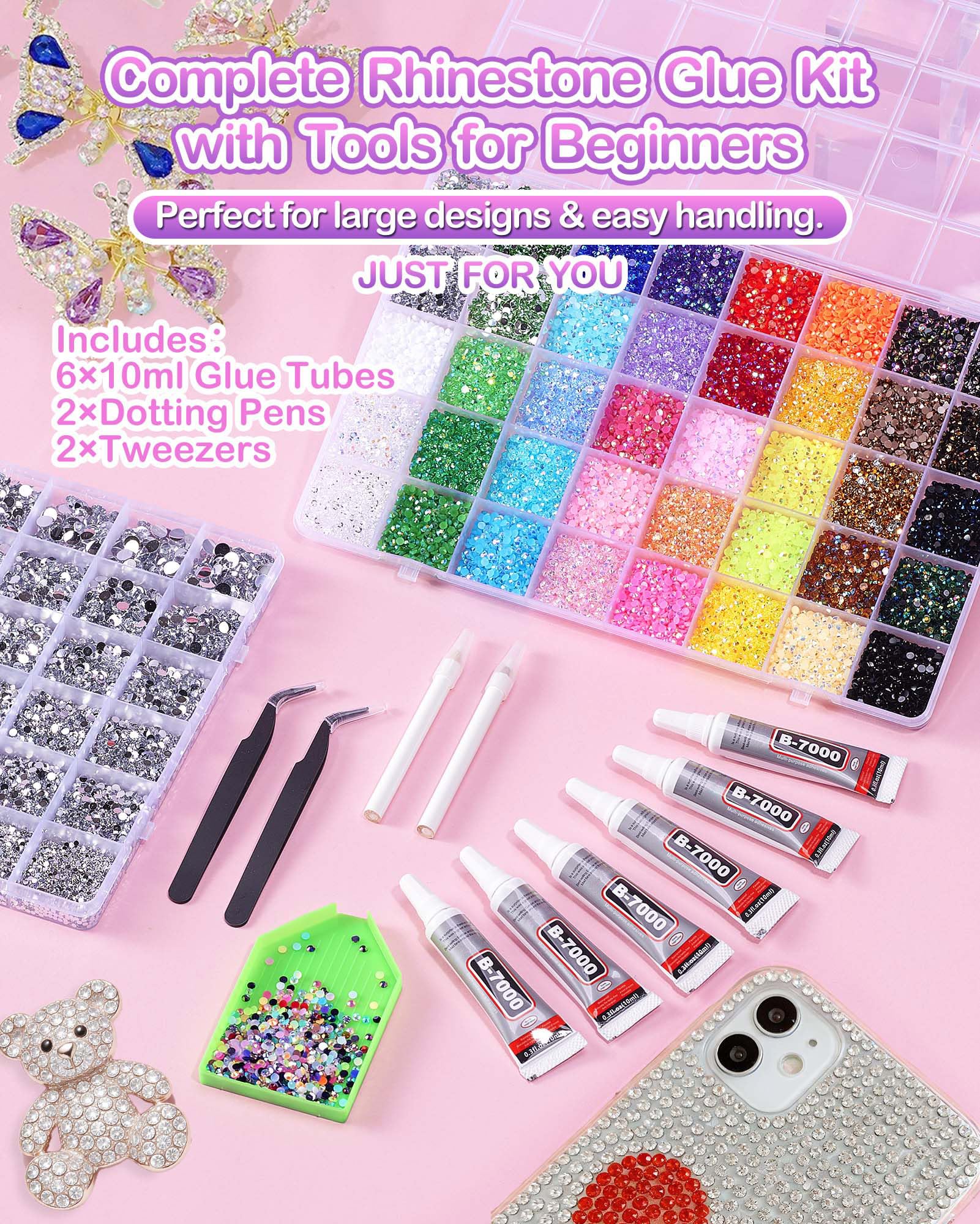 62,000pcs/64-Cells Bedazzling Kit, with 32,000pcs 3mm Nail Rhinestones in 40Colors for Bedazzling & 30,000pcs Clear Flatback Nail gems,6 Bottles B7000 Jewelry Glue, 2 Tweezers & 2 Dotting Pens - Available at All In One Marketplace Canada