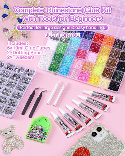 62,000pcs/64-Cells Bedazzling Kit, with 32,000pcs 3mm Nail Rhinestones in 40Colors for Bedazzling & 30,000pcs Clear Flatback Nail gems,6 Bottles B7000 Jewelry Glue, 2 Tweezers & 2 Dotting Pens - Available at All In One Marketplace Canada