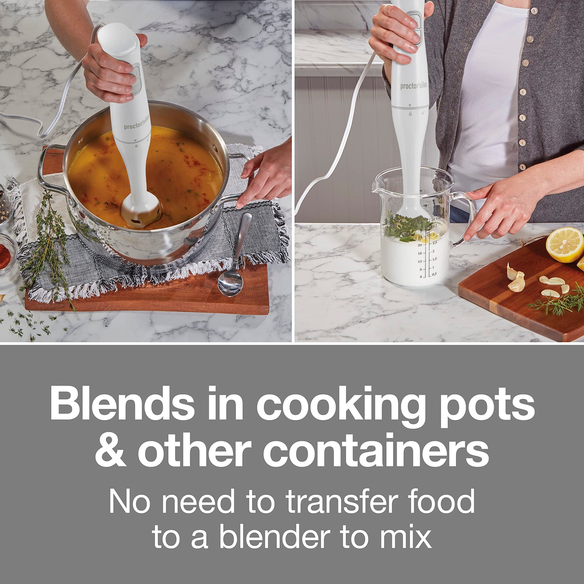 Proctor Silex Electric Immersion Blender with Detachable Dishwasher Safe Handheld Hand Blender Stick, 2-Speeds, 150 Watts, White (59739) Proctor Silex