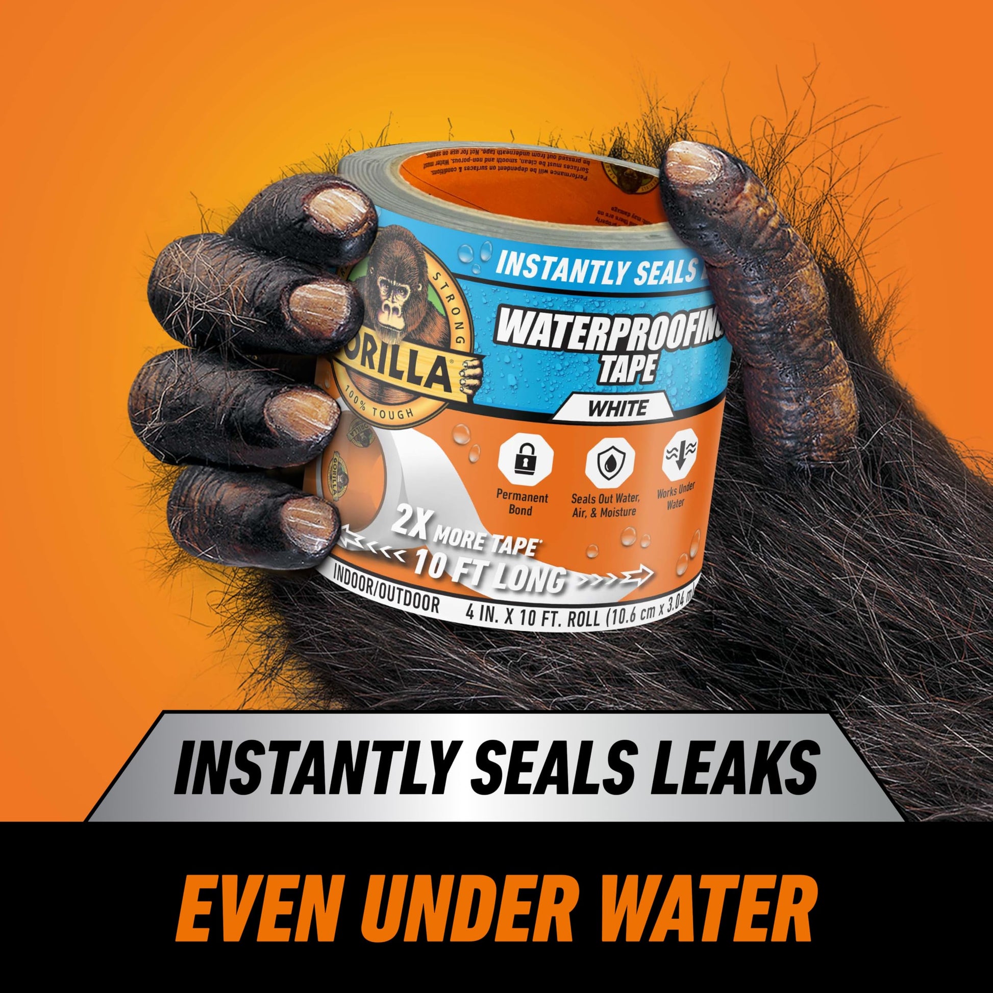 Gorilla Waterproof Patch & Seal Tape, Heavy-Duty, Instantly Seals, Works Underwater, Indoor/Outdoor, Flexible Permanent Bond, 4 in x 10 ft, White
