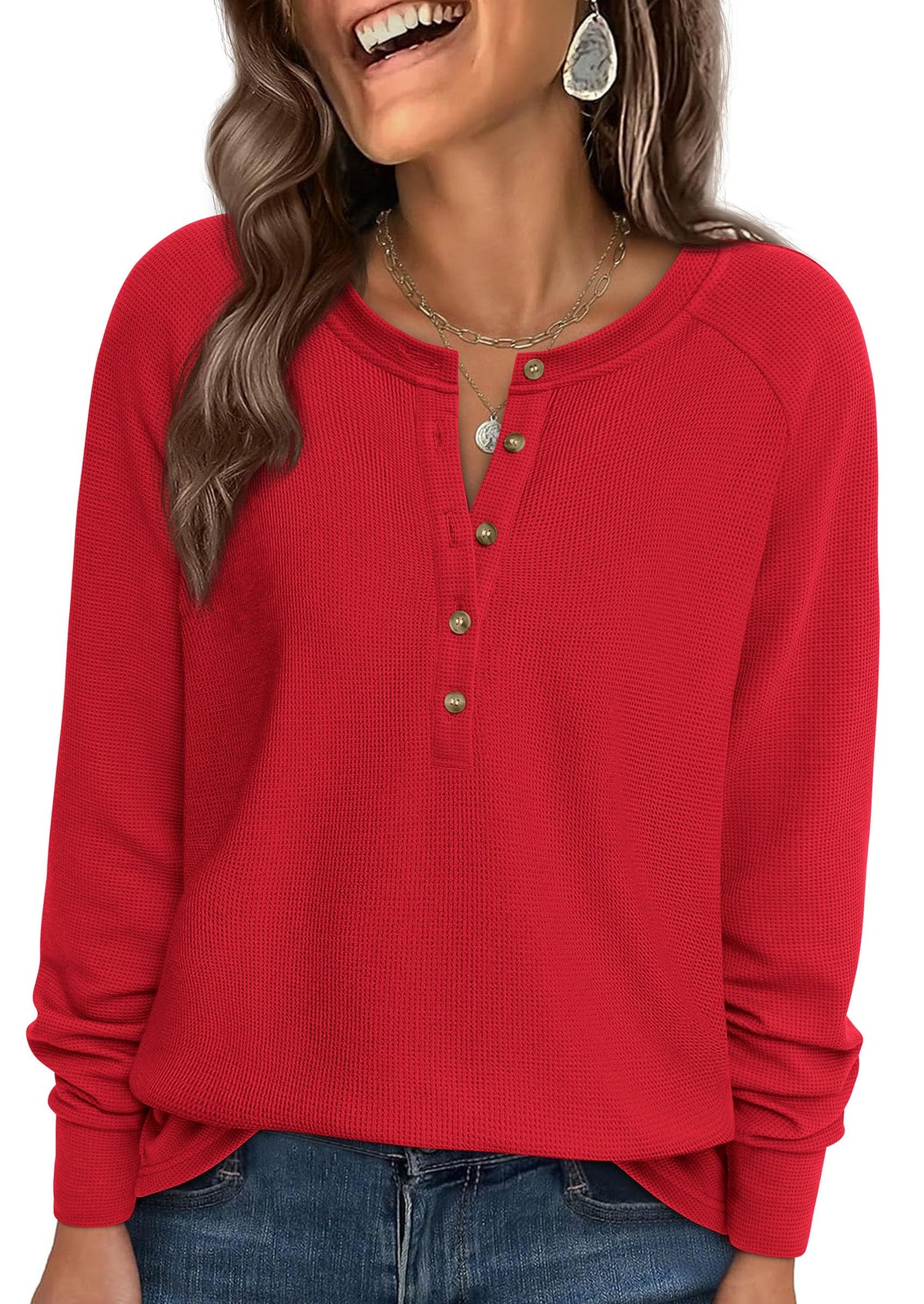 PRETTYGARDEN Women Long Sleeve Waffle Knit Shirt 2026 Spring Casual Button V Neck Loose Henley Tops Basic Tees Winter Clothes(Red,X-Large) 🍁 All In One Marketplace Canada