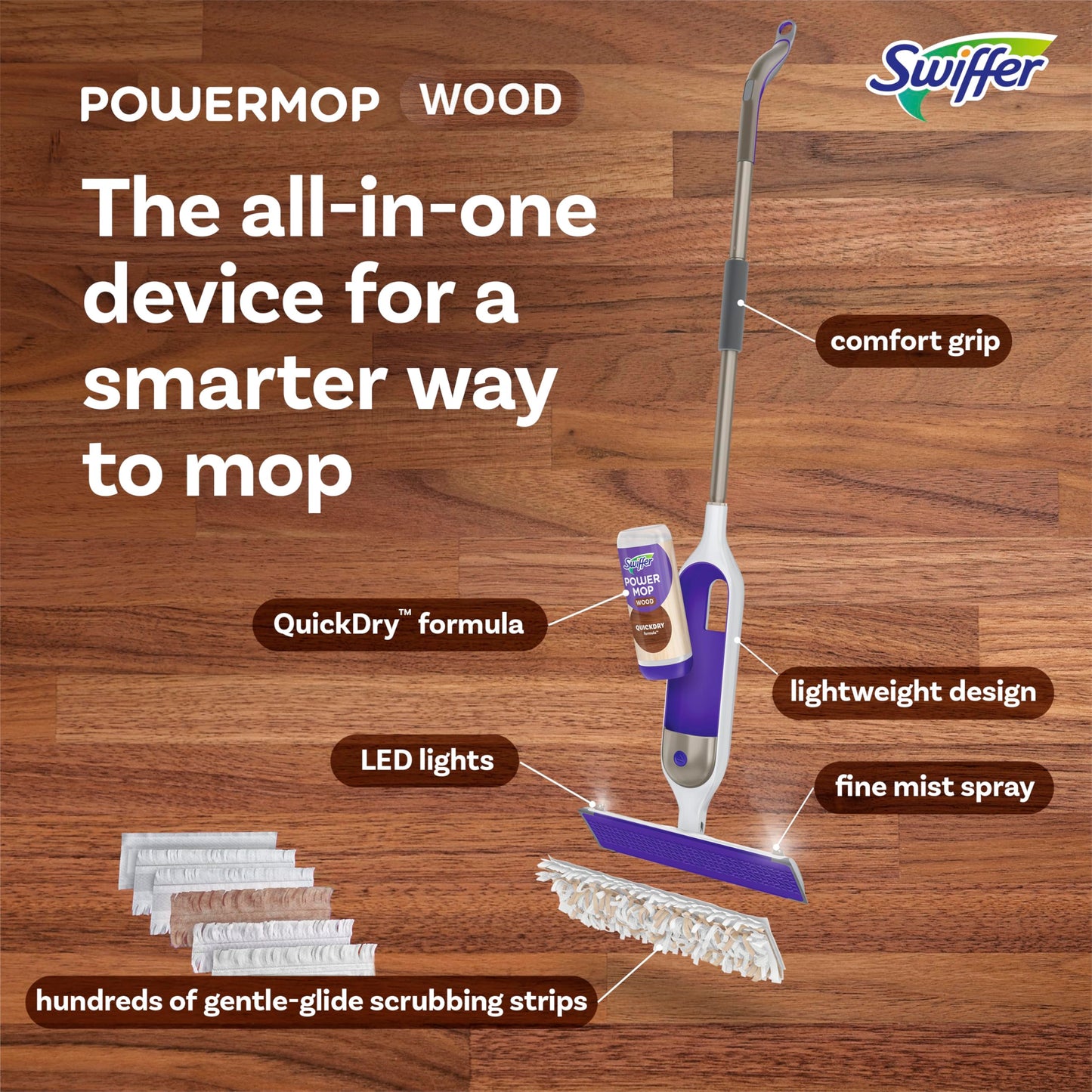 Swiffer Power Mop Wood, Hardwood Floor Cleaner for Mopping Home, All Purpose Multi-Surface Cleaning Set Includes PowerMop Wood, 2 Pads, 1 Quickdry Lemon Solution, & 2 Batteries, 5 Count Swiffer
