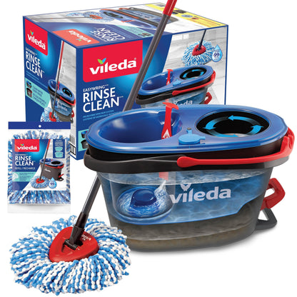 Vileda EasyWring RinseClean Spin Mop & Bucket System with 1 Extra Refill | 2-Tanks Separate Clean and Dirty Water | Machine Washable and Reusable Microfiber Mop Head | Hands-Free Wringing Mop Bucket - Available at All In One Marketplace Canada