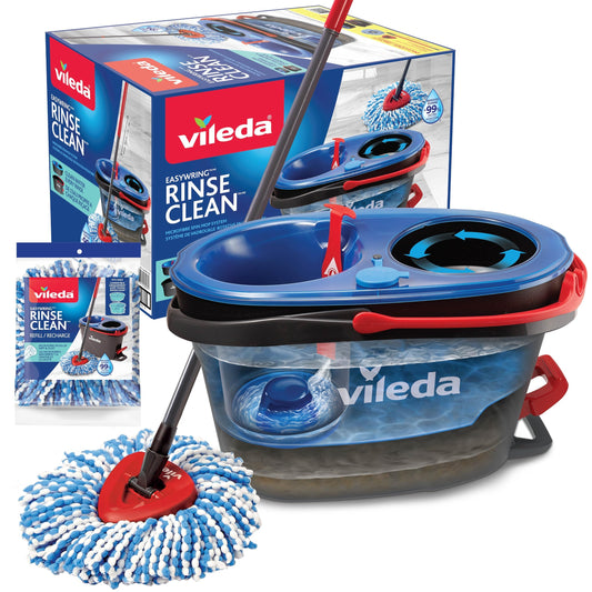 Vileda EasyWring RinseClean Spin Mop & Bucket System with 1 Extra Refill | 2-Tanks Separate Clean and Dirty Water | Machine Washable and Reusable Microfiber Mop Head | Hands-Free Wringing Mop Bucket - Available at All In One Marketplace Canada