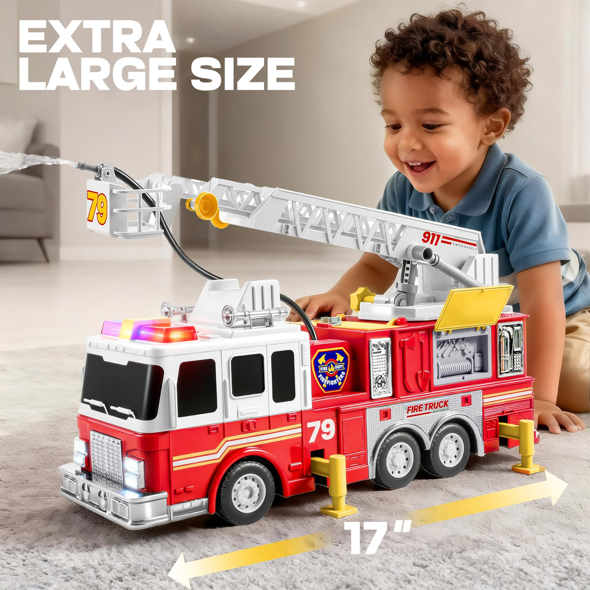Extra Large Toddler Fire Truck Toys for Boys with 33-inch Ladder, Realistic Sirens, Lights & Sprinkler Pump, Big Firetruck Emergency Vehicle, Kids Toys for Age 2, 3, 4, 5, 6 Christmas Birthday Gifts 🍁 All In One Marketplace Canada