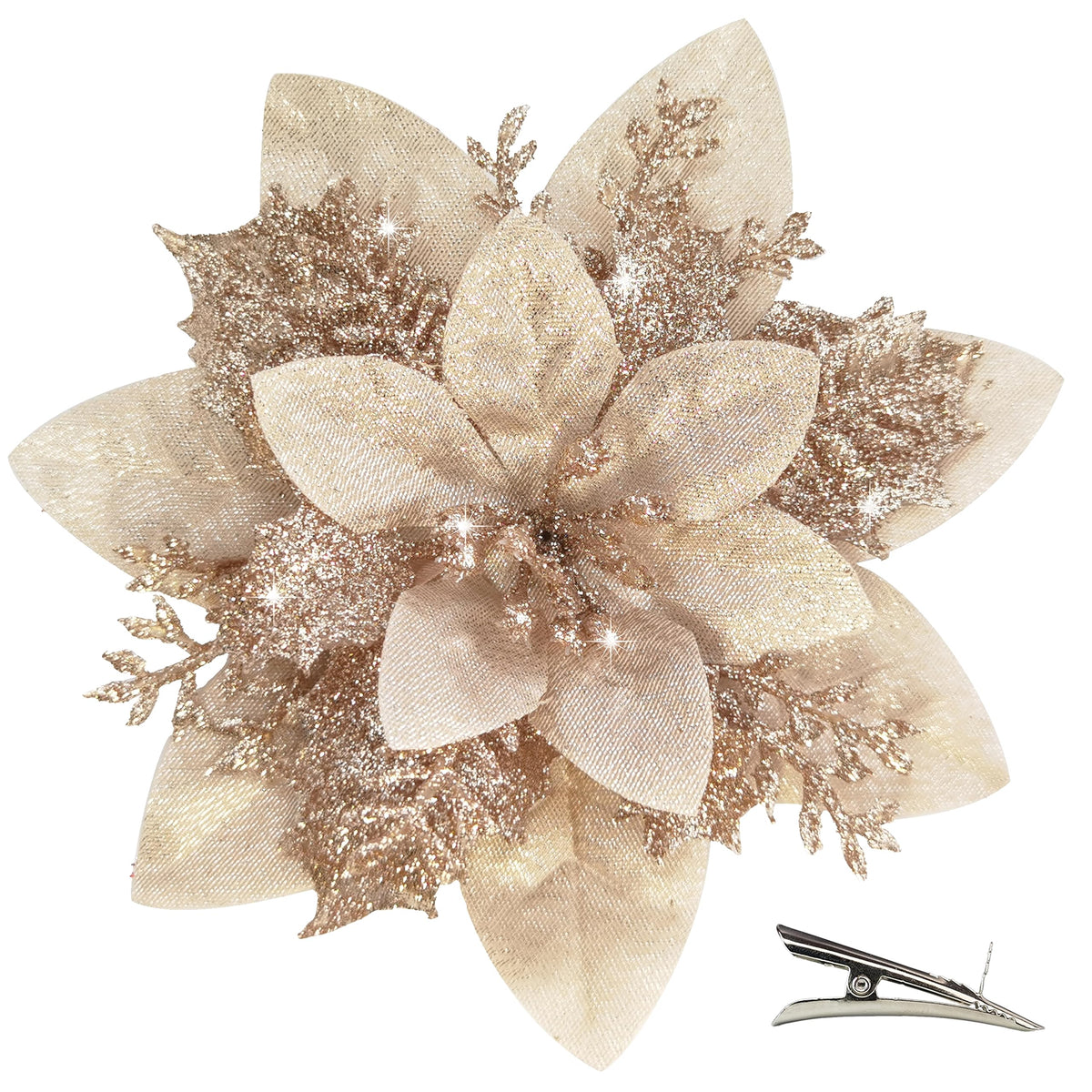 MIKAILE 20PCS Christmas Flowers Artificial with Clip, Christmas Poinsettia Flowers with Glitter Powder Decorations for Christmas Tree Garland Christmas Wreath Indoor Decorations (Champagne) 🍁 All In One Marketplace Canada