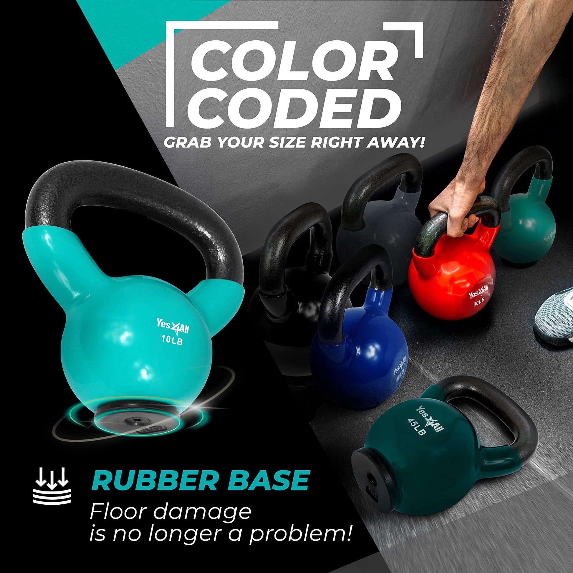 Yes4All Vinyl Coated Kettlebell with Protective Rubber Base, Strength Training Kettlebells for Weightlifting, Conditioning, Strength & Core Training (10 lbs - Mint) Yes4All
