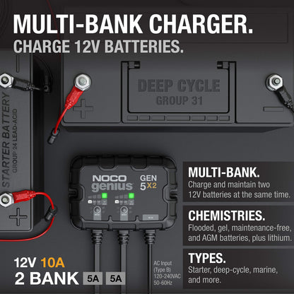 NOCO GEN5X2 12V 10A 2-Bank OnBoard Marine Battery Charger & Maintainer