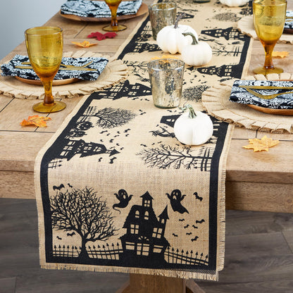 Chemin de table DII Halloween style primitif en toile de jute, maison hantée effrayante, 36 x 287 cm, noir et beige