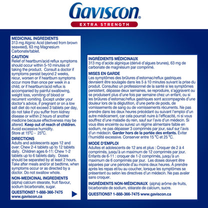 Gaviscon Extra Strength Tablets - 60 Count - Chewable Foaming Antacid Tablets for Day and Night Heartburn Relief, Acid Reflux and GERD Relief, Fruit Blend - Free of Aluminum, Lactose and Gluten
