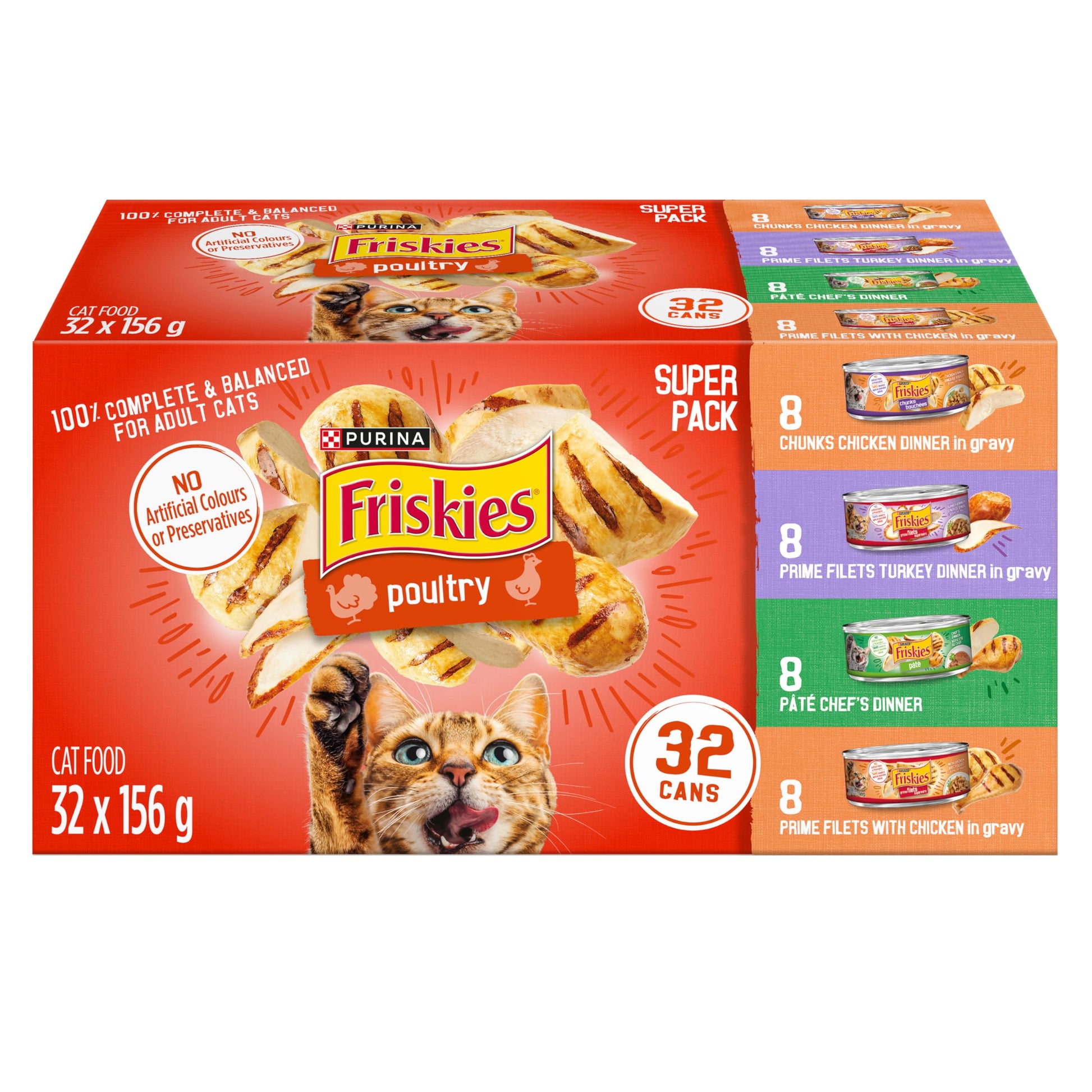 Friskies Poultry Wet Cat Food, Variety Pack 4 Flavours - 156 g Can (32 Pack)