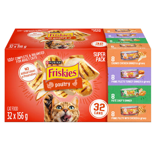 Friskies Poultry Wet Cat Food, Variety Pack 4 Flavours - 156 g Can (32 Pack)