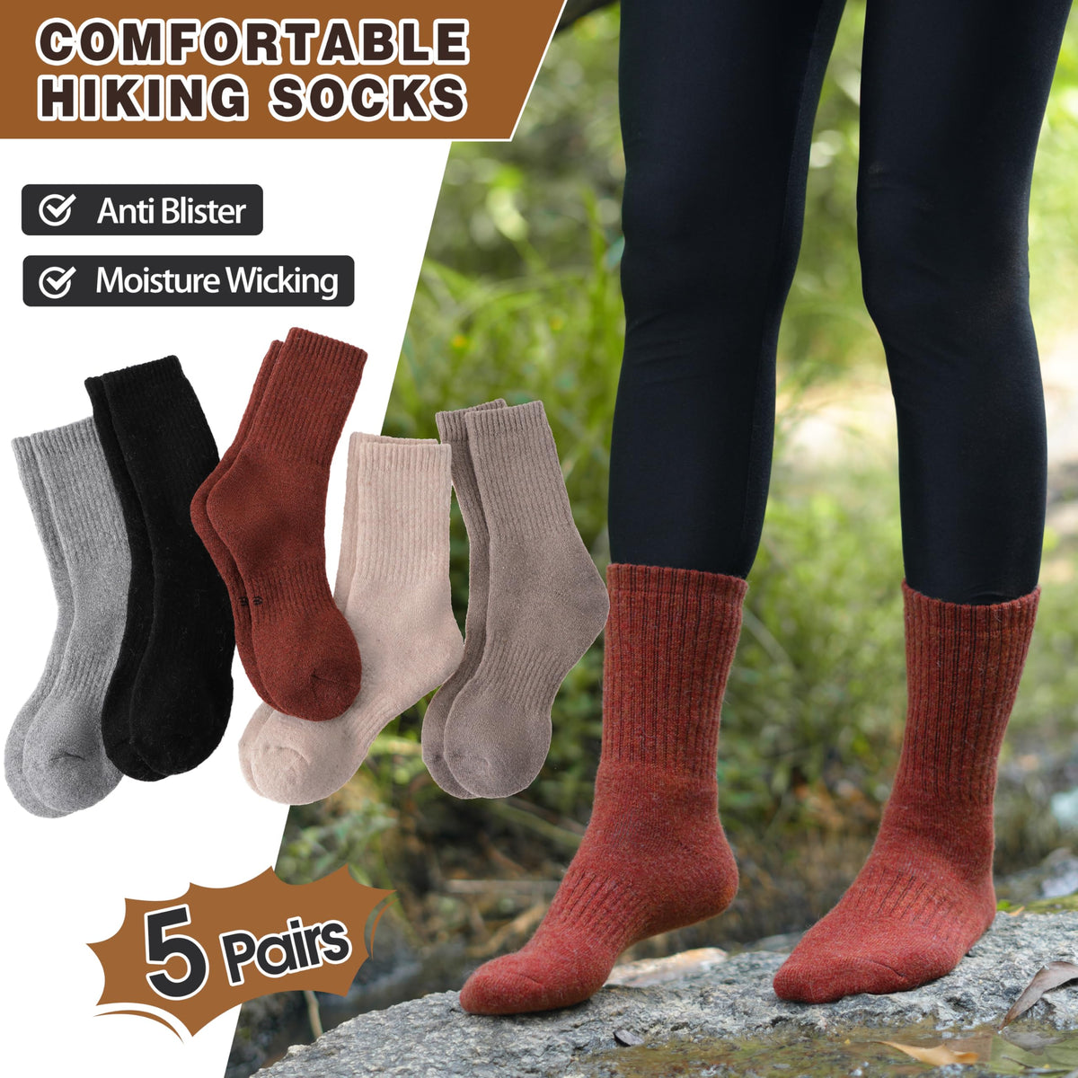 MOGGEI Womens Merino Wool Socks for Hiking Thermal Warm Thick Winter Cozy Crew Cabin Ladies Comfy Work Gift Boot Socks 5 Pairs(Beige/Khaki/Grey/Red/Black) 🍁 All In One Marketplace Canada