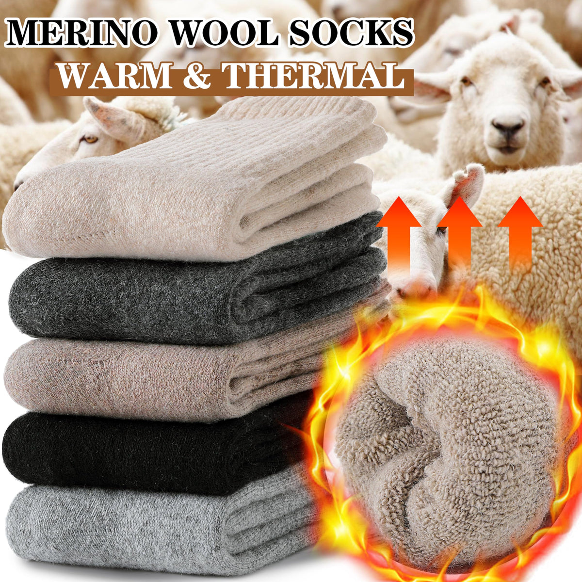 MOGGEI Womens Merino Wool Socks for Hiking Thermal Warm Thick Winter Cozy Crew Cabin Ladies Comfy Work Gift Boot Socks 5 Pairs(Beige/Khaki/Grey/Black) 🍁 All In One Marketplace Canada