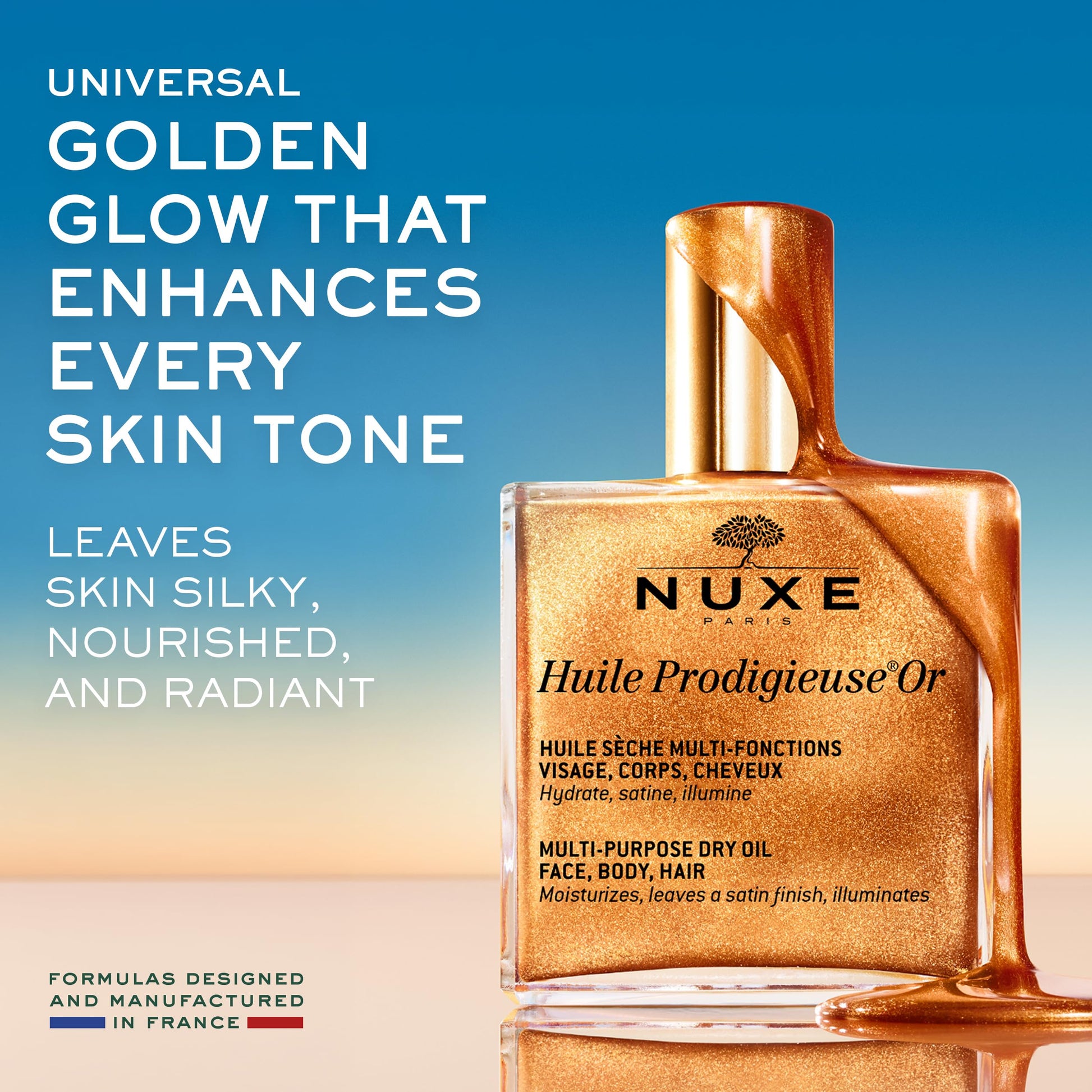 NUXE Huile Prodigieuse Shimmer Multi-Purpose Dry Oil - Luxurious Radiant Glow and Hydration for Face, Body & Hair (100 ml) Nuxe