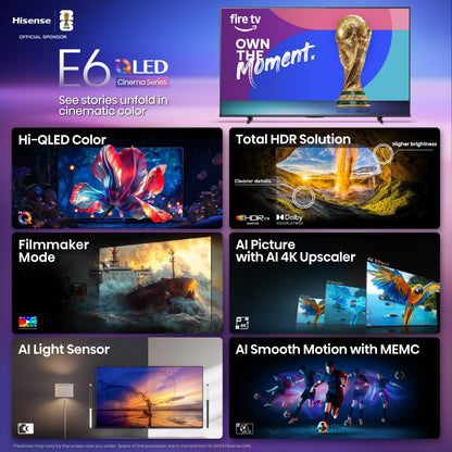 Hisense 50E6SF - 50" E6 Series Hi-QLED 4K UHD Smart Fire TV, AI Light Sensor, Dolby Vision · Atmos, Voice Remote with Alexa, Motion Rate 120, HDR 10+ Adaptive, Game Mode Plus (2026 New Model)
