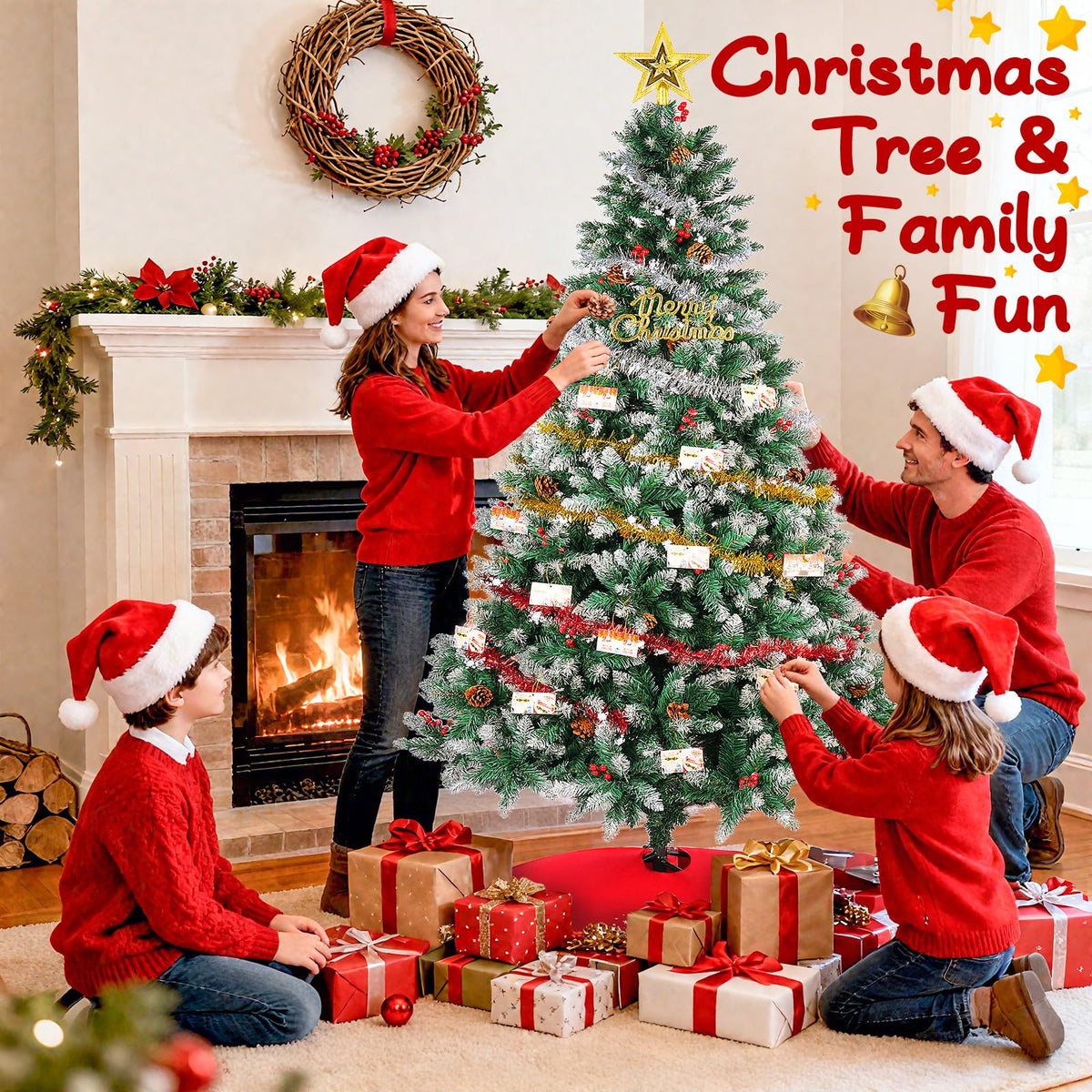 Artificial Christmas Tree, 6FT Holiday Xmas Tree 1400 Branch Tips, Upgraded Metal Base, Includes 6 Different Decorations 🍁 All In One Marketplace Canada