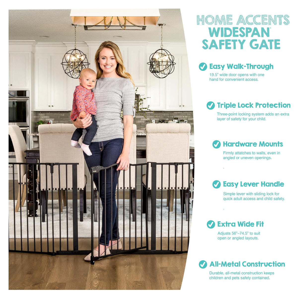 Regalo Deluxe Home Accents Widespan 74.5-Inch-Wide Adjustable Safety Gate, Award Winning Brand, 28-Inches Tall, Includes 4 Wall Mounts, Black