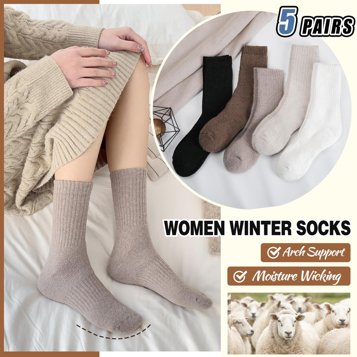 Women Merino Wool Socks Winter Warm Thermal Thick Hiking Cozy Comfy Crew Socks Stocking Stuffers Gifts for Womens 5 Pairs(Black/Khaki/Beige/White) 🍁 All In One Marketplace Canada