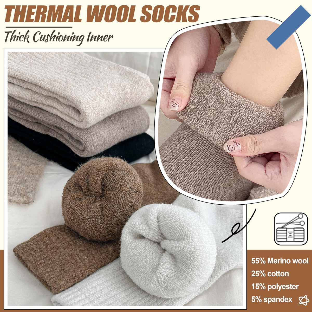 Women Merino Wool Socks Winter Warm Thermal Thick Hiking Cozy Comfy Crew Socks Stocking Stuffers Gifts for Womens 5 Pairs(Black/Khaki/Beige/White) 🍁 All In One Marketplace Canada