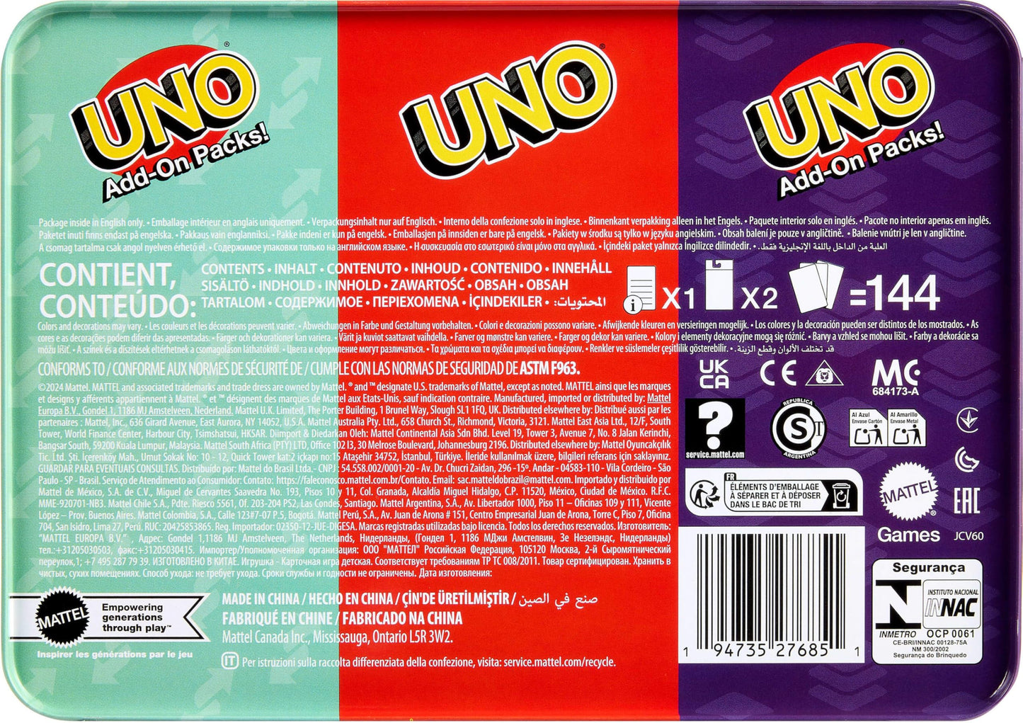 Jeu de cartes UNO Mattel Games avec 2 paquets d'extension et une boîte de rangement en métal