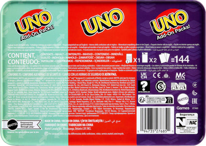 Jeu de cartes UNO Mattel Games avec 2 paquets d'extension et une boîte de rangement en métal