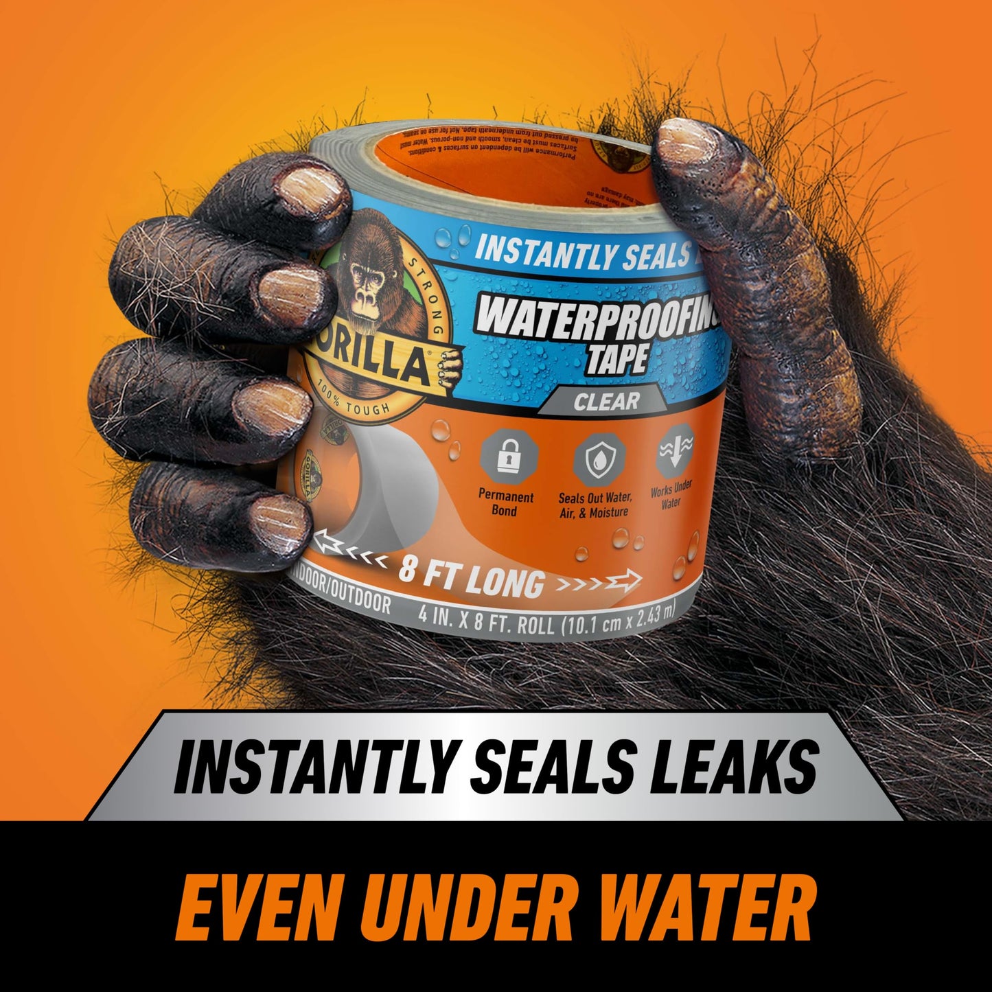 Gorilla Waterproof Patch & Seal Tape, Heavy-Duty, Instantly Seals, Works Underwater, Indoor/Outdoor, Flexible Permanent Bond, 4 in x 8 ft, Clear, 1 Pack