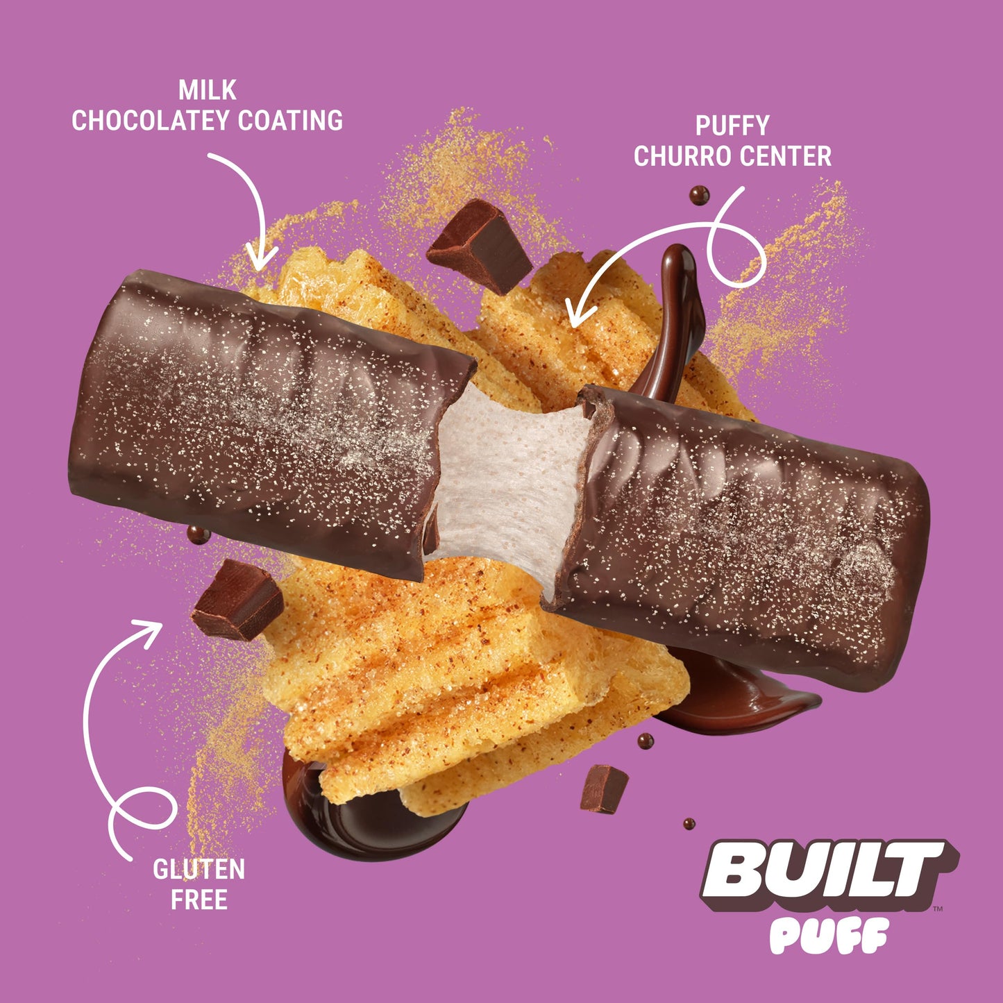 Built Bar 12-Pack Protein Bars - Churro Puff Flavor with Real Chocolate Coating