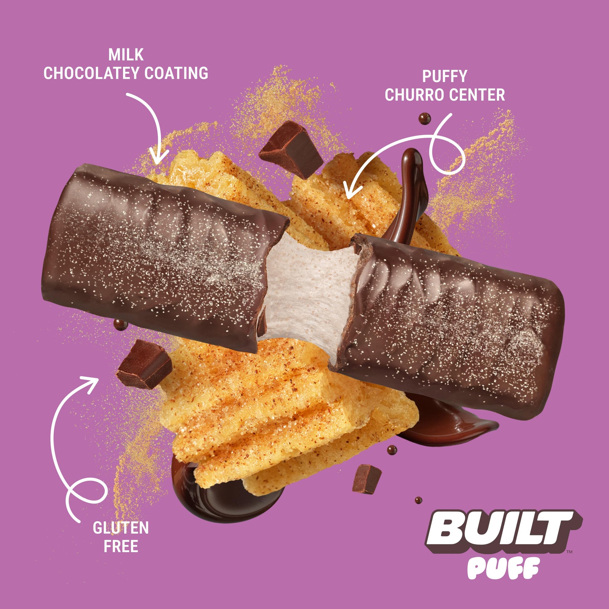 Built Bar 12-Pack Protein Bars - Churro Puff Flavor with Real Chocolate Coating