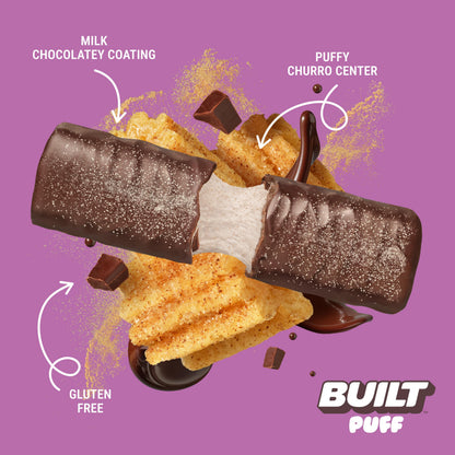 Built Bar 12-Pack Protein Bars - Churro Puff Flavor with Real Chocolate Coating