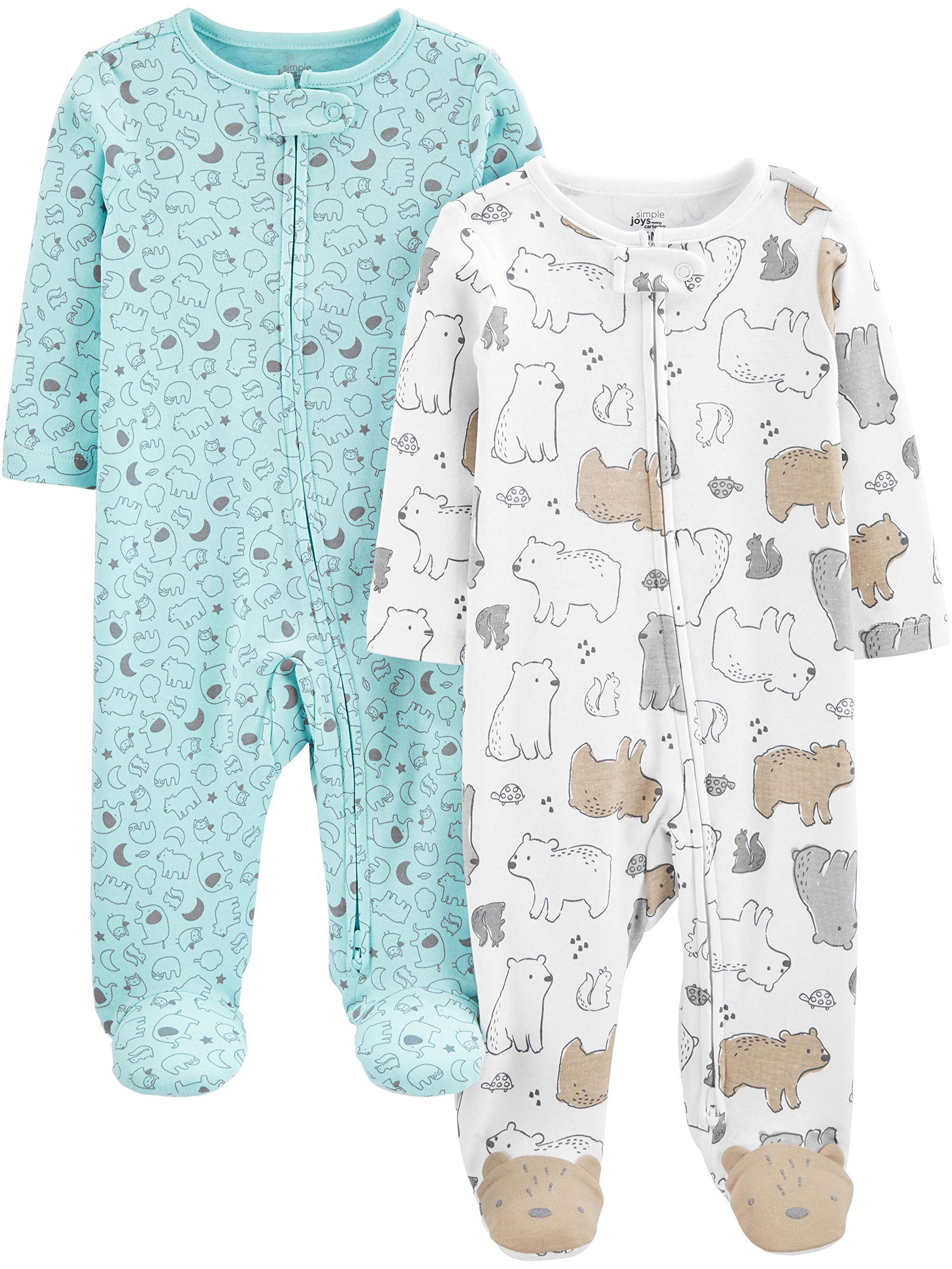 Simple Joys by Carter's Baby Neutral 2-Pack Cotton Footed Sleep and Play, Bear/Animal Print, 0-3 Months Simple Joys by Carter's