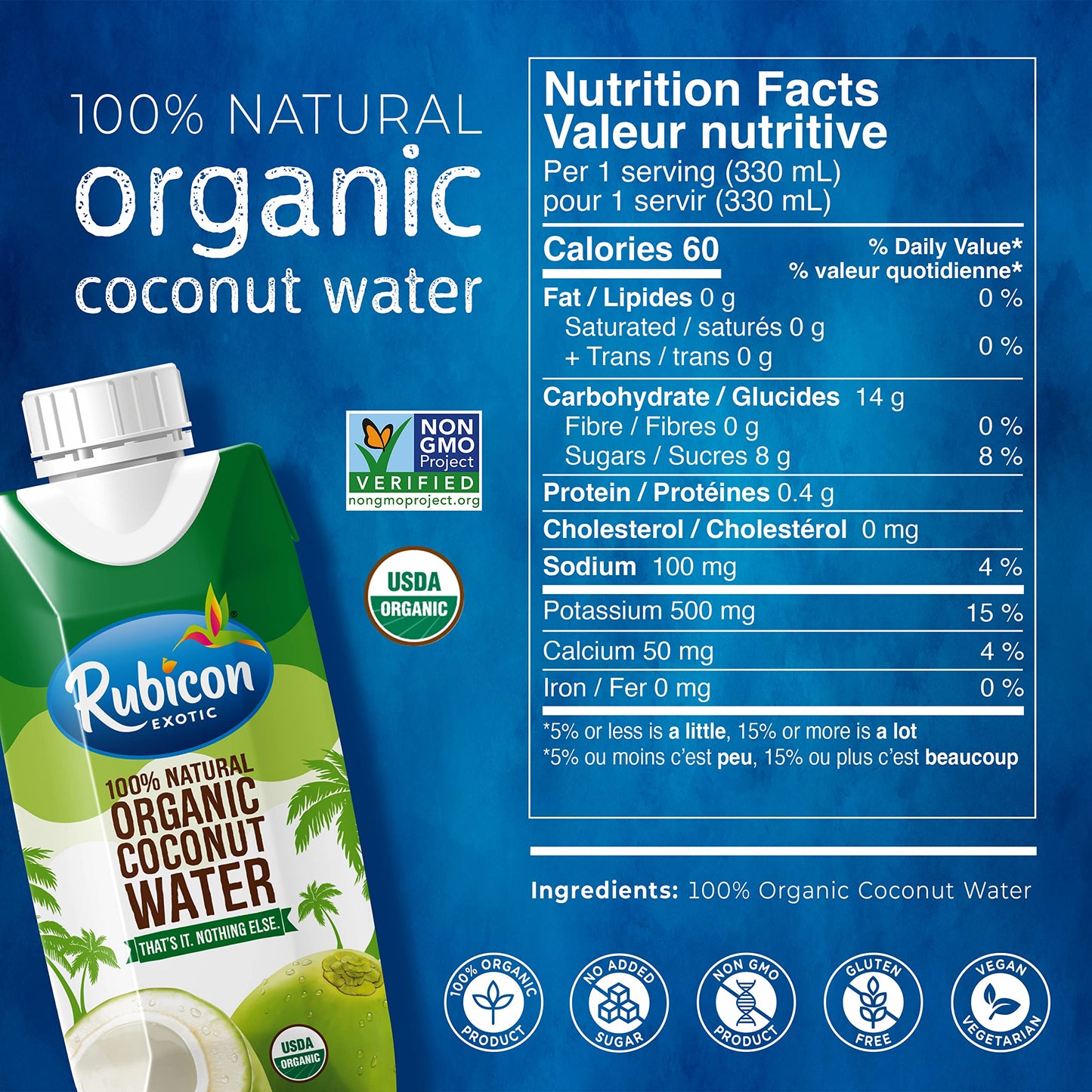 Rubicon Organic Coconut Water – 12 Pack of 330ML Cartons | Natural Electrolytes, Non-GMO, No Added Sugar | USDA Certified